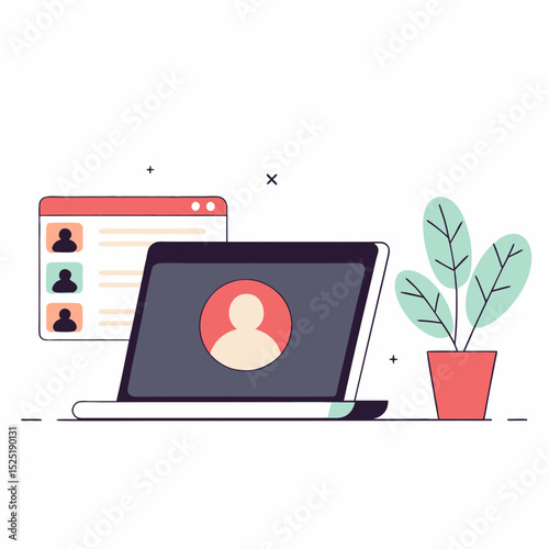 A laptop with a person's face on the screen and a potted plant next to it. The laptop is open to a social media page