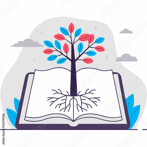 Tree with roots growing from book pages, symbolizing knowledge and education.