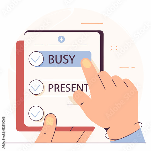 Illustration of hand touching tablet to toggle between 'busy' and 'present' modes, symbolizing time management and productivity concepts.