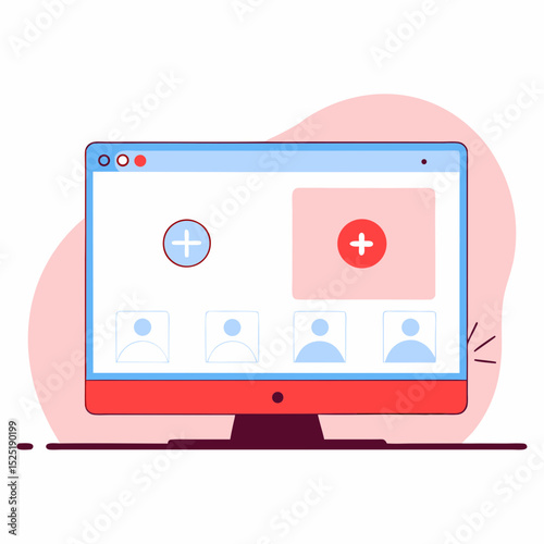 Illustration of a telemedicine appointment on the screen of a computer, showing a doctor and patient in a virtual consultation.