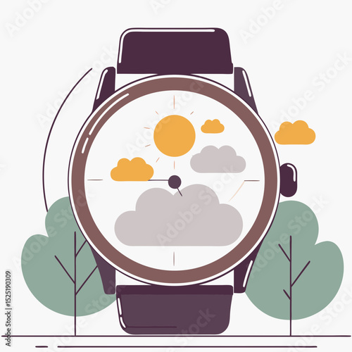 Smartwatch displaying weather conditions with sun, clouds and time.