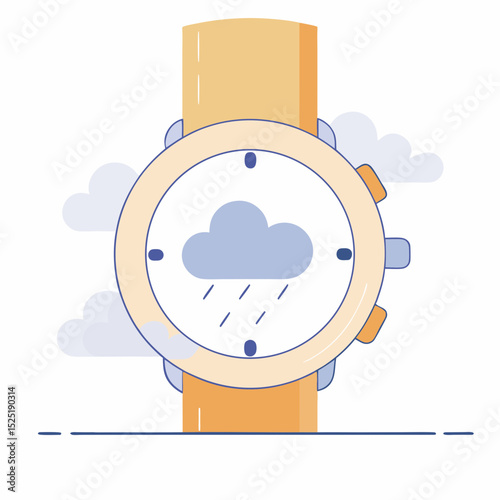 Analog clock showing time of day as 6pm, symbolizing dusk, with cloudy and rainy weather illustration