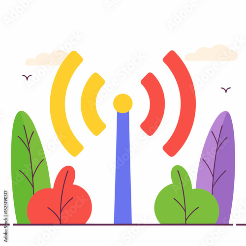 Colorful vector illustration of radio signal transmission through trees.
