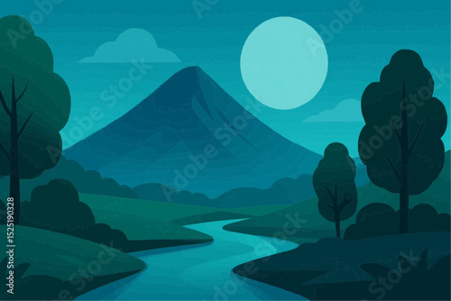 A peaceful, serene landscape with a river flowing, a mountain in the distance, and trees under a moonlit sky.