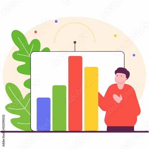 Vector illustration of a person presenting colorful bar chart with data analysis and trends graph on a stand.