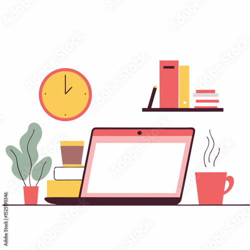 Digital illustration of a tidy, well-organized home office setup with a laptop computer, books, coffee, and plants on a desk.