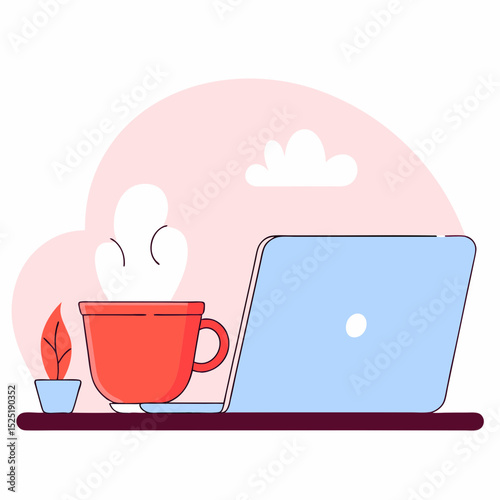 Hand-drawn illustration of a laptop on a desk, set against a soft pink background. The scene includes a cup of coffee, a candle, and a small plant in a pot.