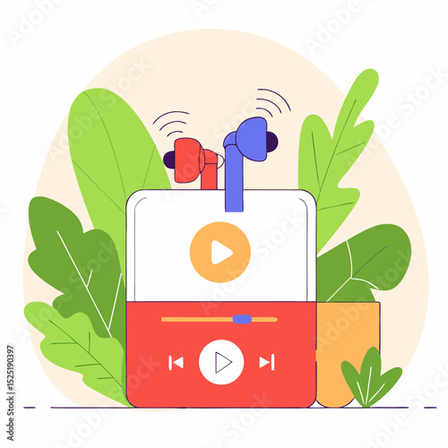 Music player with headphones, surrounded by nature