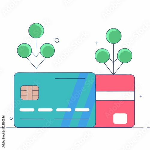 Illustrative image of two credit cards with contactless payment technology, set against a background of plant sprouts representing growth and financial stability.