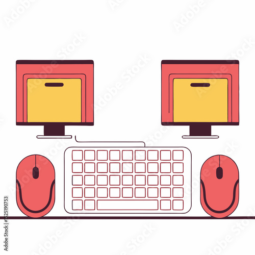 A stylized, minimalist illustration of a home office workstation with computer monitors and a keyboard and mouse.
