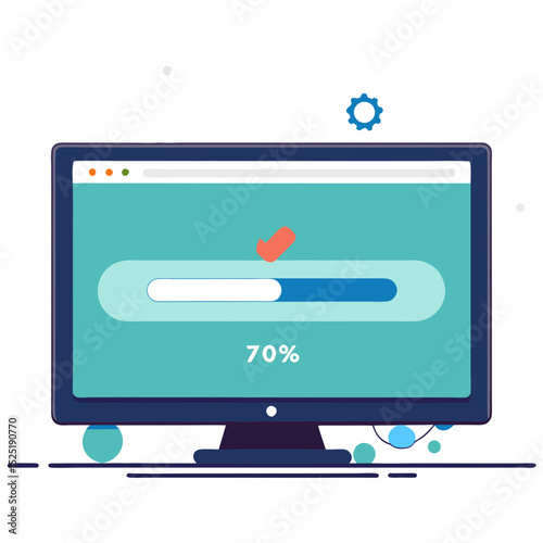 Artwork of computer monitor showing a progress bar filled with blue and pink hearts at the bottom, suggesting download or upload completion.