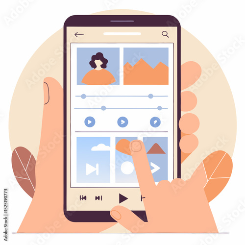 Hand holding smartphone displaying image analysis features, such as object recognition and automatic captioning, highlighting the use of AI technology in mobile applications.