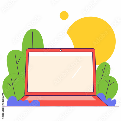 This is a digital illustration of an open red laptop surrounded by nature, suggesting the idea of working outside in a relaxed and creative environment.