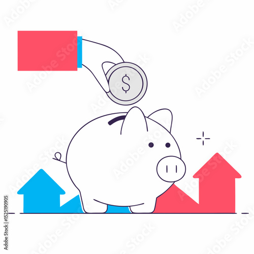Cartoon banking and finance illustration with a piggybank representing savings.