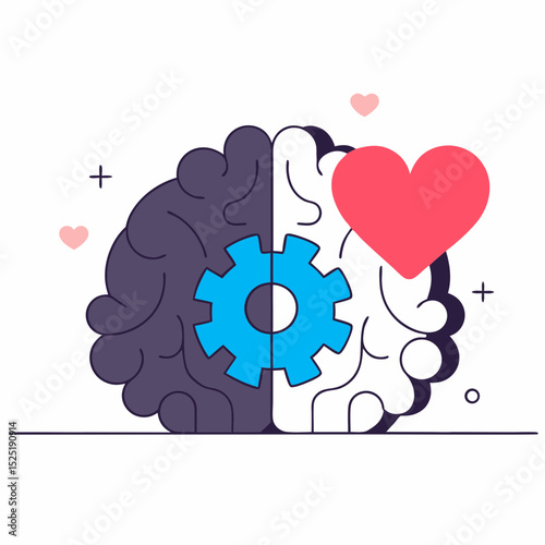 A brain with a gear and a heart in the middle. The brain is split into two halves, one of which is blue and the other is black