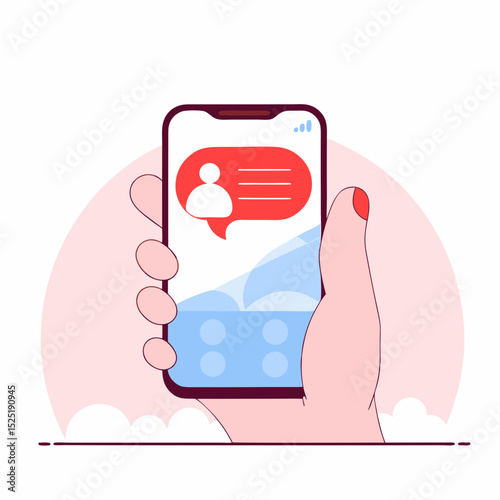 Illustrative image of a person using smartphone, holding it in hand with a message icon suggesting communication or social interaction.