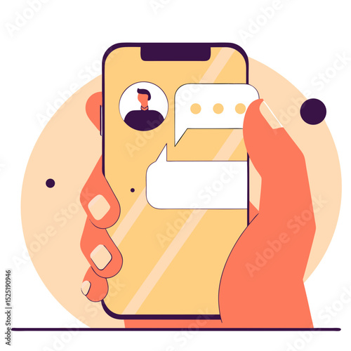 Hand holding device with message icon and contact photo on screen