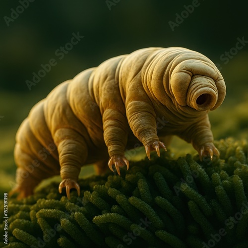 Macro of a golden tardigrade walking across green moss. AI-generated.