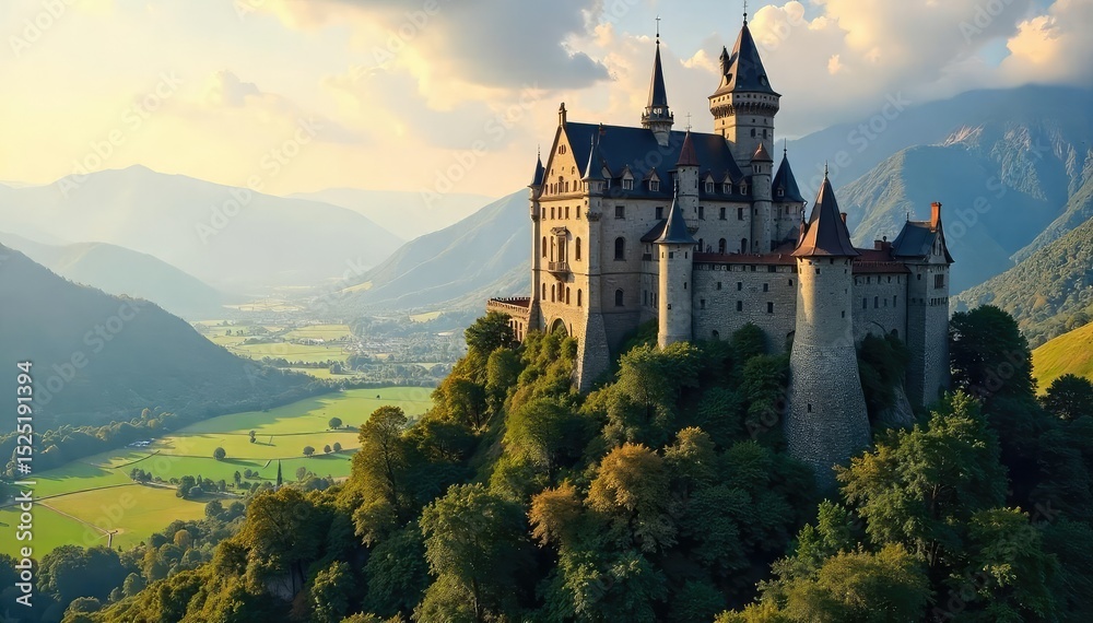 custom made wallpaper toronto digitalMajestic medieval castle perched atop a hill, overlooking a sprawling landscape, bathed in golden sunlight Ancient stone walls, crenellations, towers, and breathtaking views , imposing, medieval