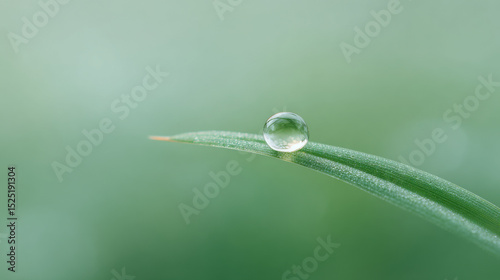 closeup of exquisite dewdrop resting on blade of grass with clean bright background