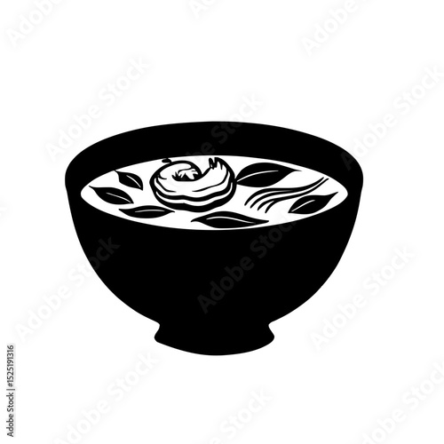 Minimalist black silhouette of tom yum soup bowl with shrimp and herbs on white background