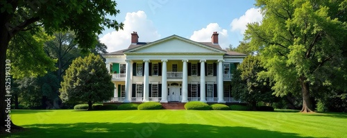 Majestic antebellum plantation house, columns reaching for the sky, lush green lawn, picturesque landscape  Ideal for historical, Southern, architecture, estate themes ,  green,  day,  architecture