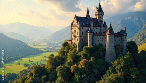 Wallpaper Mural Majestic medieval castle perched atop a hill, overlooking a sprawling landscape, bathed in golden sunlight Ancient stone walls, crenellations, towers, and breathtaking views , imposing, medieval Torontodigital.ca