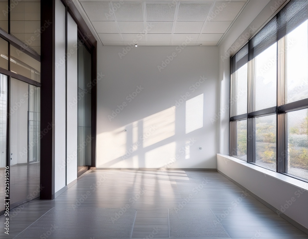 Fototapeta premium bright natural light illuminates a wide empty white wall in a modern office hallway neutral tones clean minimalist design
