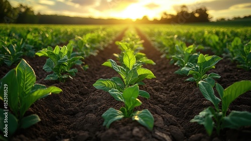 Tobacco field ready harvest. Rows of rich green plants during golden hour, creating a landscape of agriculture. Farmland, plantation, tobacco farming with sunlight.
