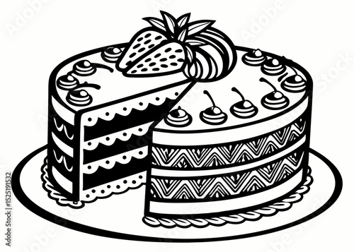 bold outline vector of a fancy dessert with intricate details, black and white
