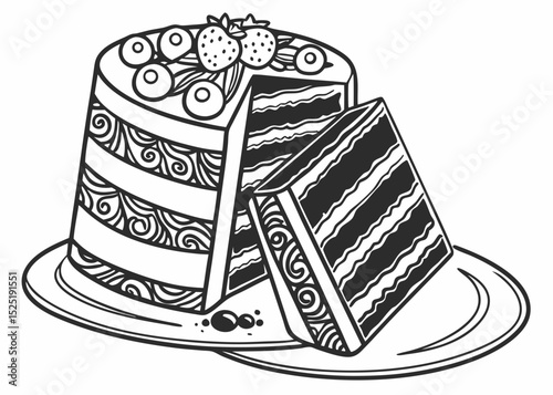 bold outline vector of a fancy dessert with intricate details, black and white