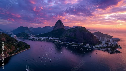 The sun sets over rio de janeiro, painting the sky with beautiful colors over sugarloaf mountain.