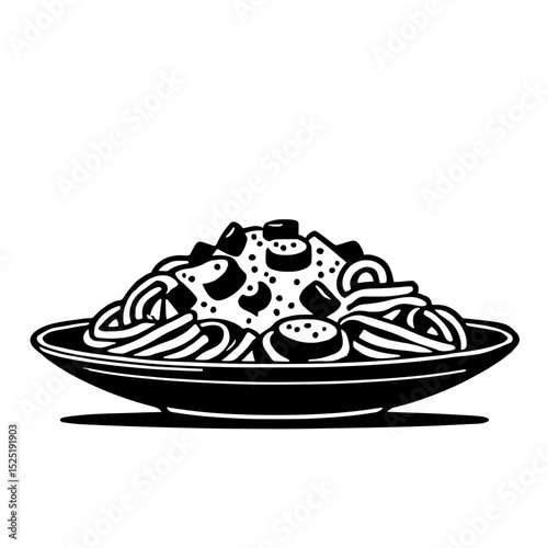 Minimalist black silhouette of beef stroganoff plate with pasta on white background