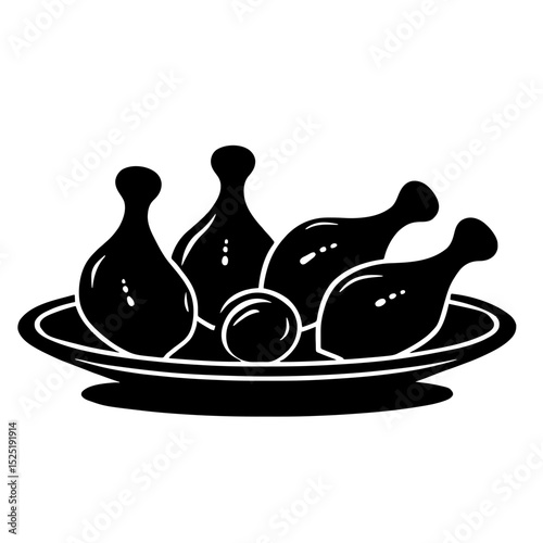 Minimalist black silhouette of tandoori chicken on a plate against white background
