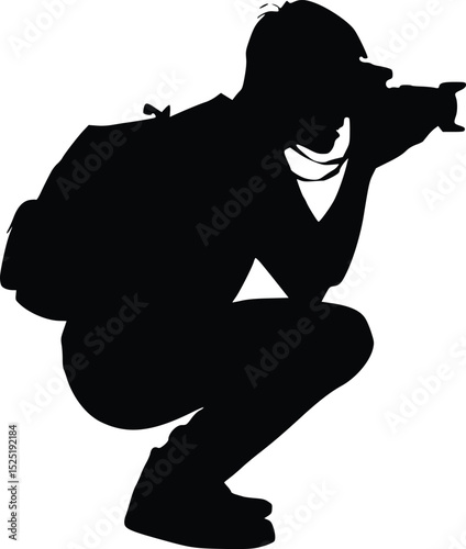 Photographer Silhouette Crouching with Camera - Candid Pose