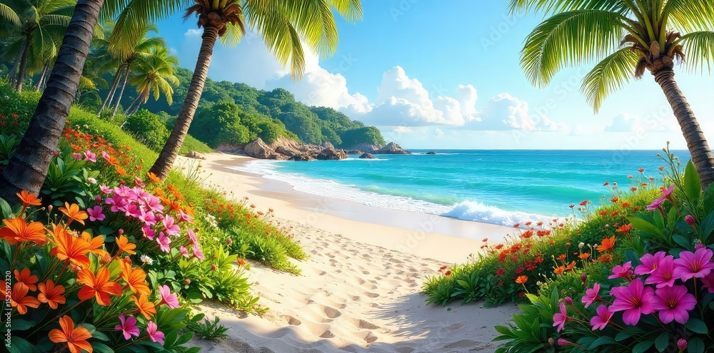 Fototapeta premium Serene coastal garden flourishing with vibrant flowers, lush greenery, and sandy dunes, creating a tranquil beachside oasis Perfect for relaxation and escape , petals, garden