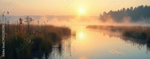 Serene marsh landscape at dawn, mist clinging to reeds and grasses, reflecting soft sunlight on the still water  A tranquil scene of untouched nature ,  wildlife,  sky