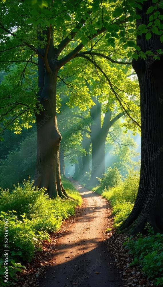 Fototapeta premium Sunlight dapples through the leaves in a Parisian forest, illuminating a path winding through ancient trees A peaceful, idyllic scene in the heart of the city , relaxation, shadows, Paris