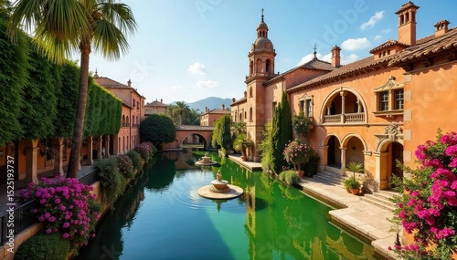Sun-drenched Seville, Andalucia  Ornate architecture, vibrant flowers, and the scent of orange blossoms fill the air  A captivating scene of Spanish charm and history ,  heat,  Andalucia,  summer