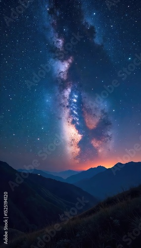 Vast, star-studded midnight sky blankets the landscape, a breathtaking panorama of celestial wonders  Perfect for astronomy, space travel, or nighttime serenity themes ,  midnight,  wonder