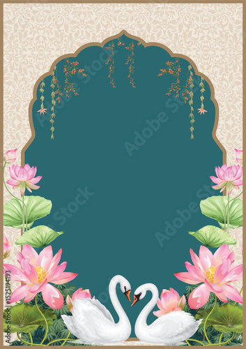 Hindu Wedding Card, Indian Wedding car, Mughal Wedding card Illustration, Lotus Flower, Wedding invitation.