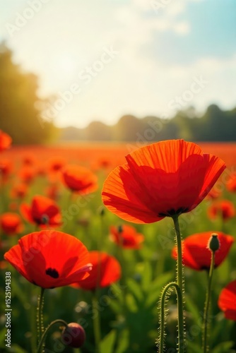 Vibrant red poppies bathed in warm sunlight, a field of bright blossoms on a clear day Perfect for summer, nature, and cheerful themes , colorful, texture