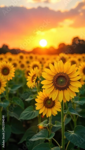 Vibrant yellow sunflowers in a field at sunset, bathed in golden light A breathtaking display of nature's vibrant hues , beautiful, yellow, landscape