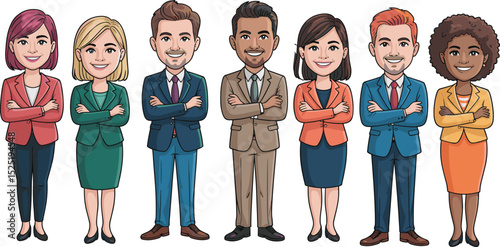 Confident Business Team Illustration: Diverse Professionals in Formal Attire, Cartoon Characters for Corporate Identity