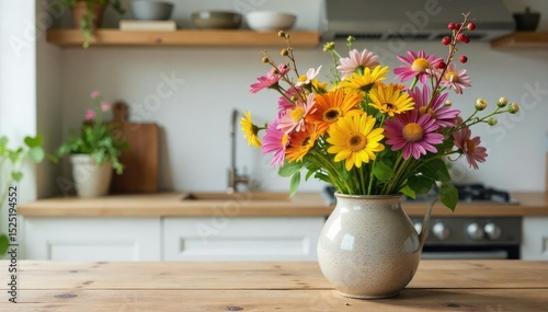 Vibrant wildflowers in a rustic ceramic vase, adding a touch of natural beauty to a farmhouse-style kitchen counter Perfect for home decor, spring themes, and floral arrangements , blossom, spring