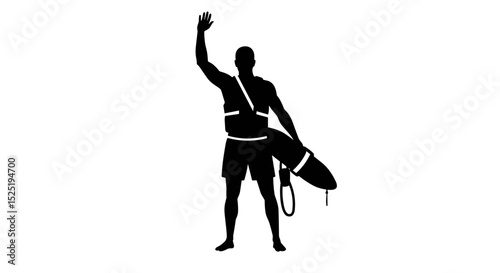 Lifeguard waving hand while holding surfboard on the beach  