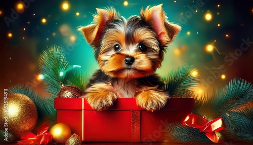 Yorkshire-Terrier-Welpe in einer Geschenkbox photo