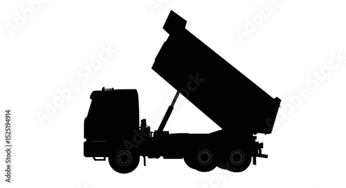 Dump truck silhouette with raised bed against a plain background  