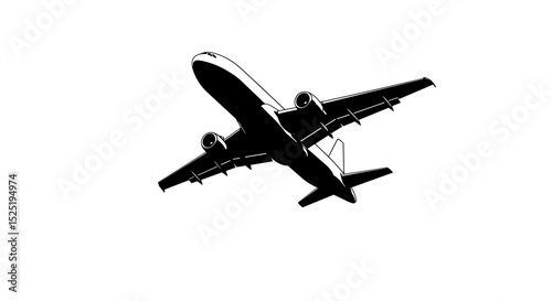 Black silhouette of an airplane flying against a white background  