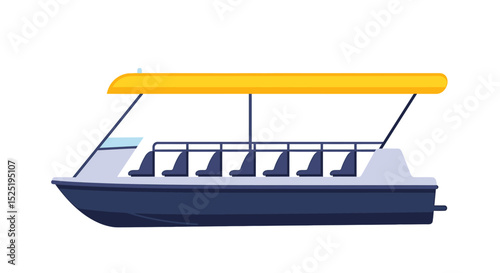 Illustration of a passenger boat with a yellow canopy and multiple seats, isolated on a white background.
